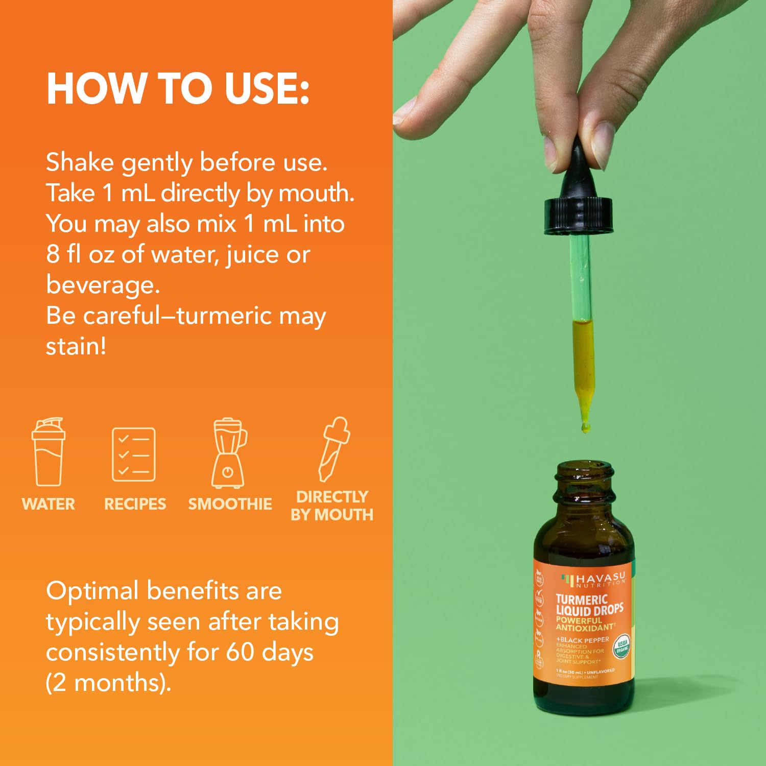Havasu Nutrition Turmeric liquide — utilisation sans saveur dans vos boissons.