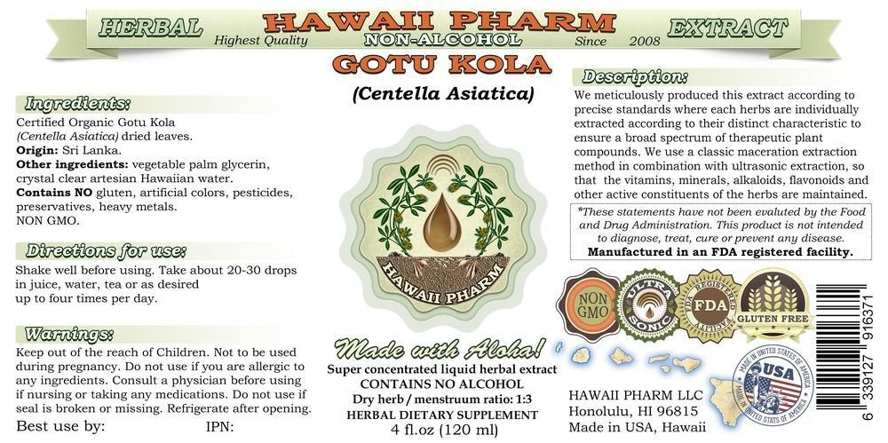 Feuilles sèches Gotu Kola dans glycerite Hawaii Pharm.