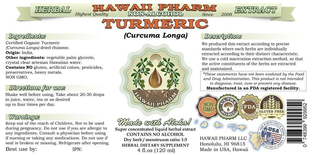 Hawaii Pharm Turmeric glycerite sans alcool, étiquette claire facilitant la traçabilité