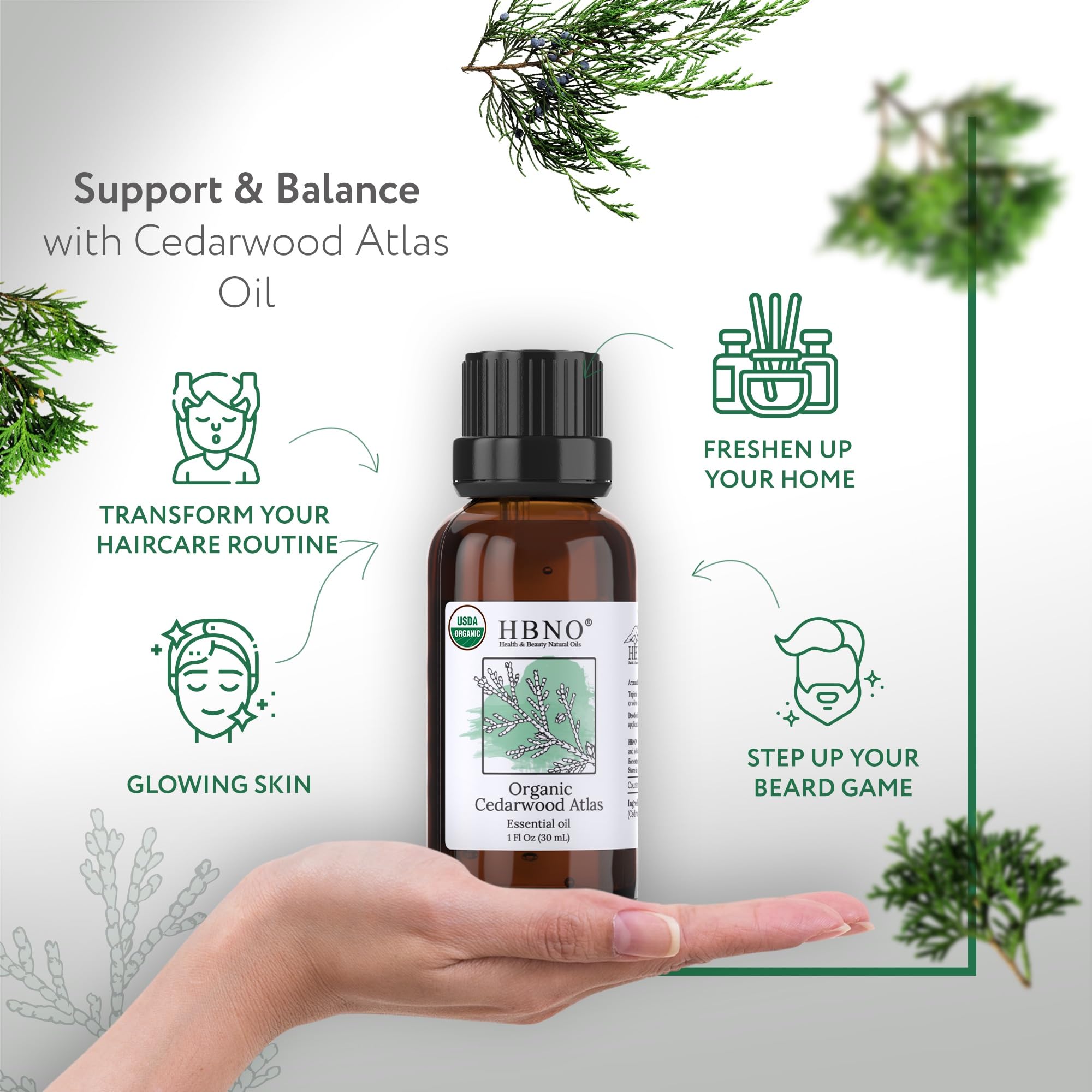 HBNO huile de cèdre en flacon ambré, parfum boisé pour diffusion.