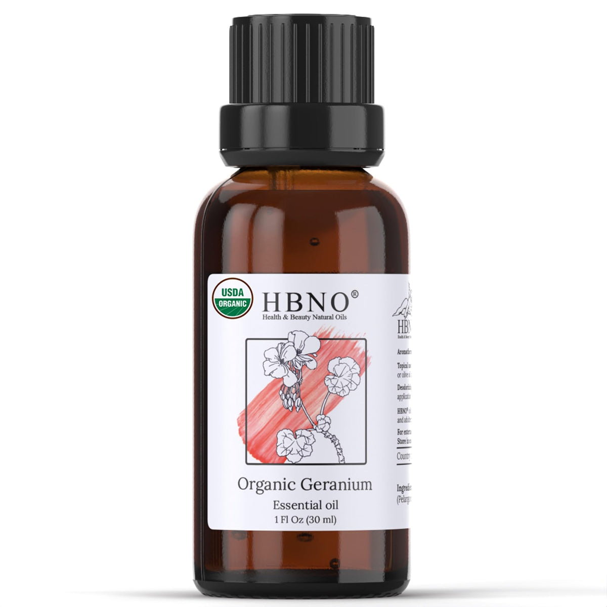 HBNO Géranium huile bio dans flacon ambré pour diffusion aromatique.