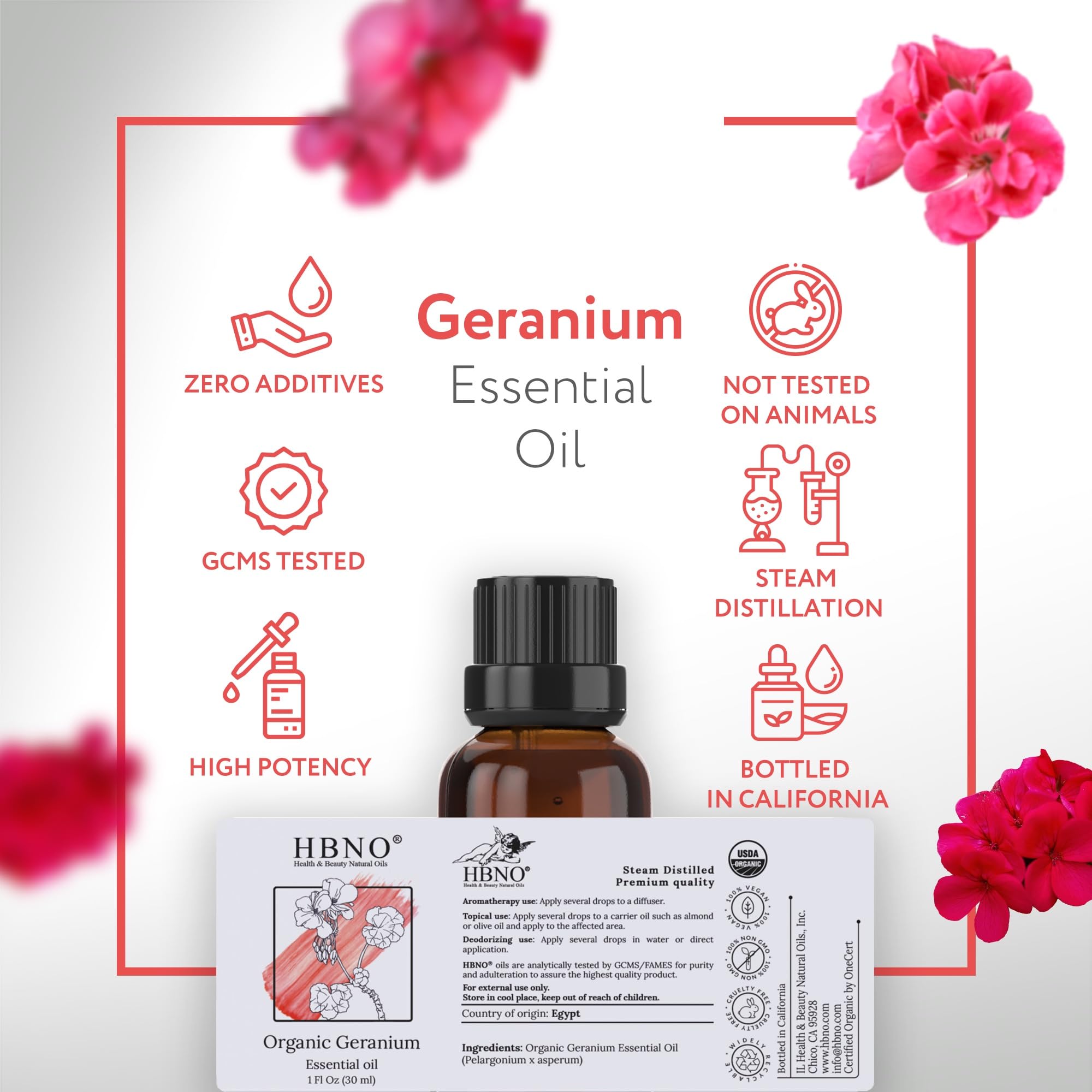 HBNO Géranium origine Égypte, huile pure pour créations maison.