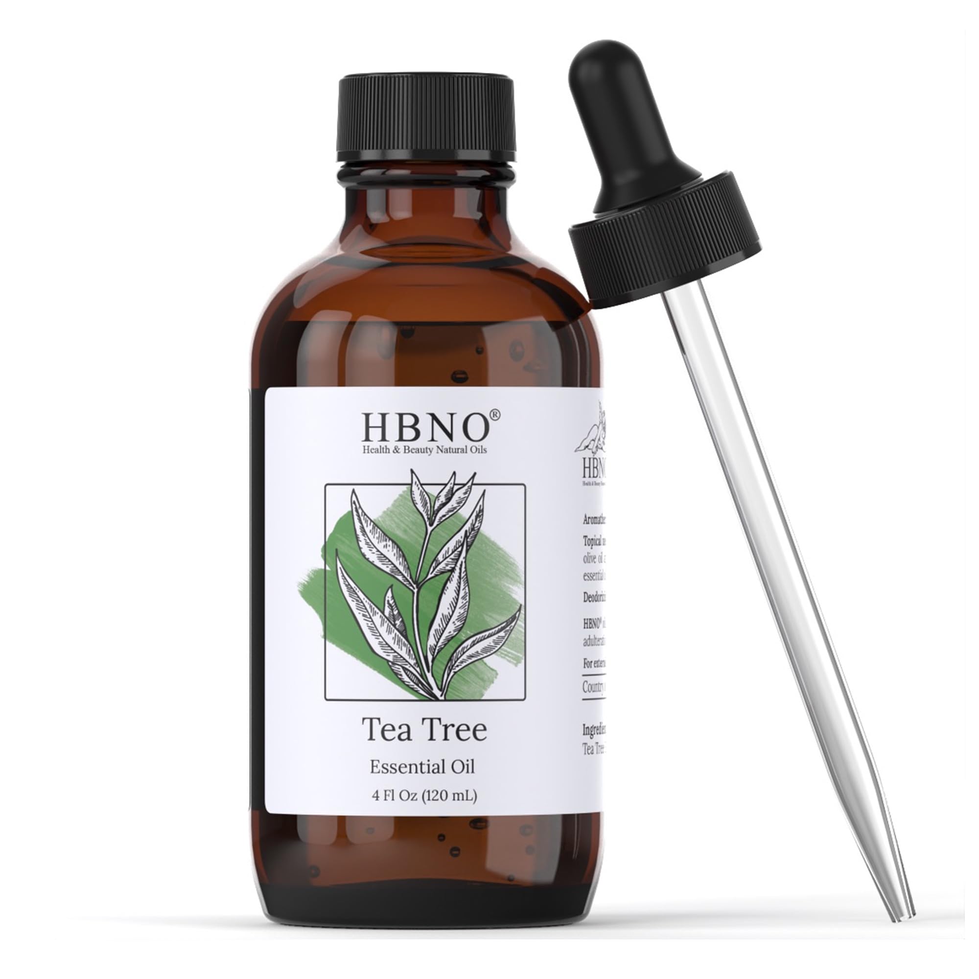 HBNO huile arbre à thé – bouteille ambrée avec pipette pour une utilisation précise et fraîche.
