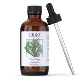 HBNO huile arbre à thé – bouteille ambrée avec pipette pour une utilisation précise et fraîche.