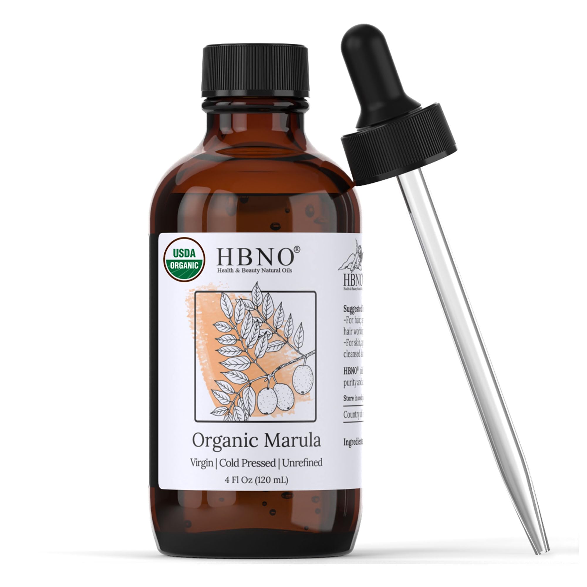 HBNO Huile Marula en flacon 120 ml, pure et biologique, idéale pour visage et corps.