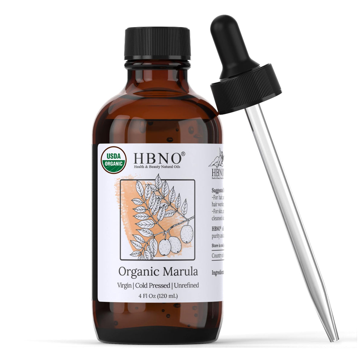 HBNO Huile Marula en flacon 120 ml, pure et biologique, idéale pour visage et corps.