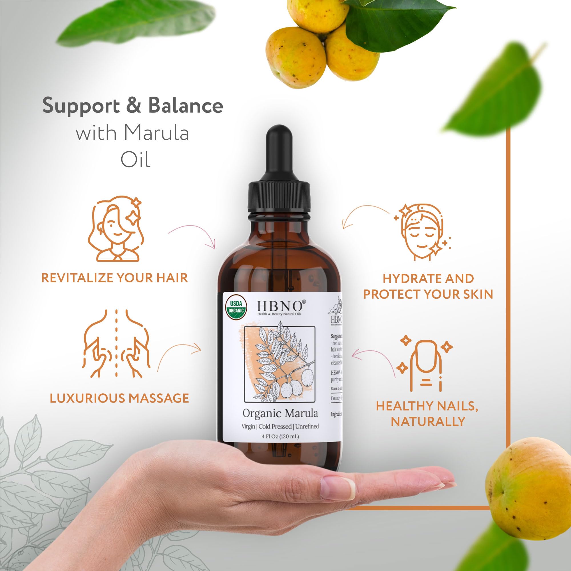HBNO Huile Marula, texture légère et absorption rapide, pour une peau satinée.