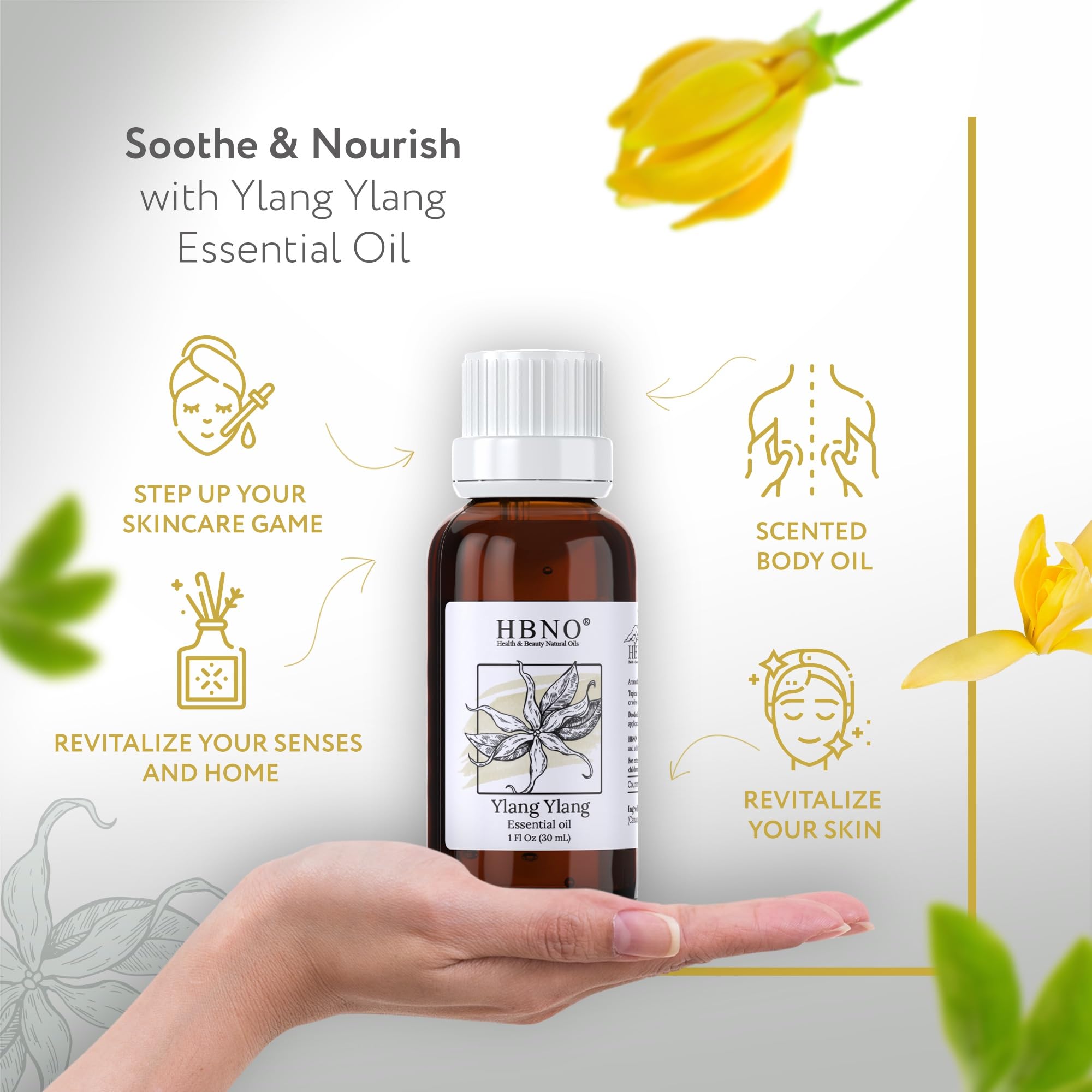 HBNO Ylang Ylang, flacon ambré prêt à l'emploi pour diffusion.