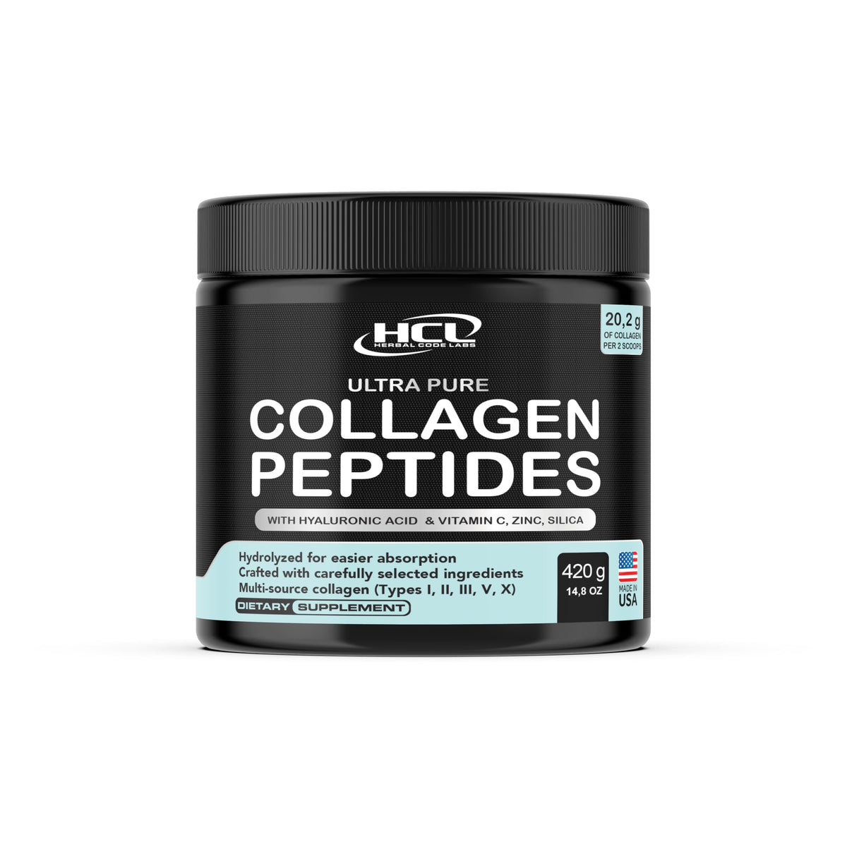 HCL Herbal Code Labs bouteille collagène, hydratation cutanée potentielle.