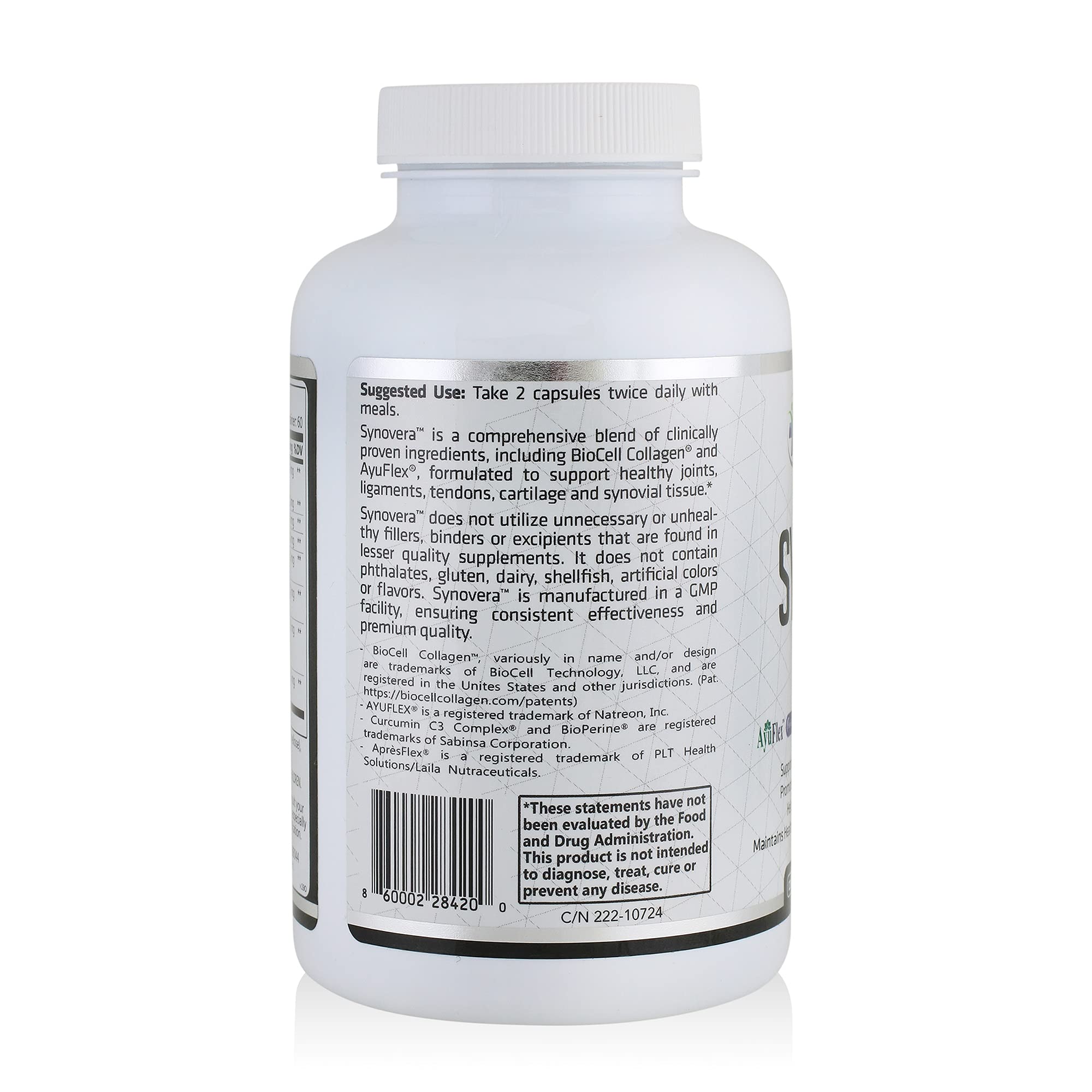 Étiquette Synovera de HCP Formulas avec informations claires et valeurs nutritionnelles.