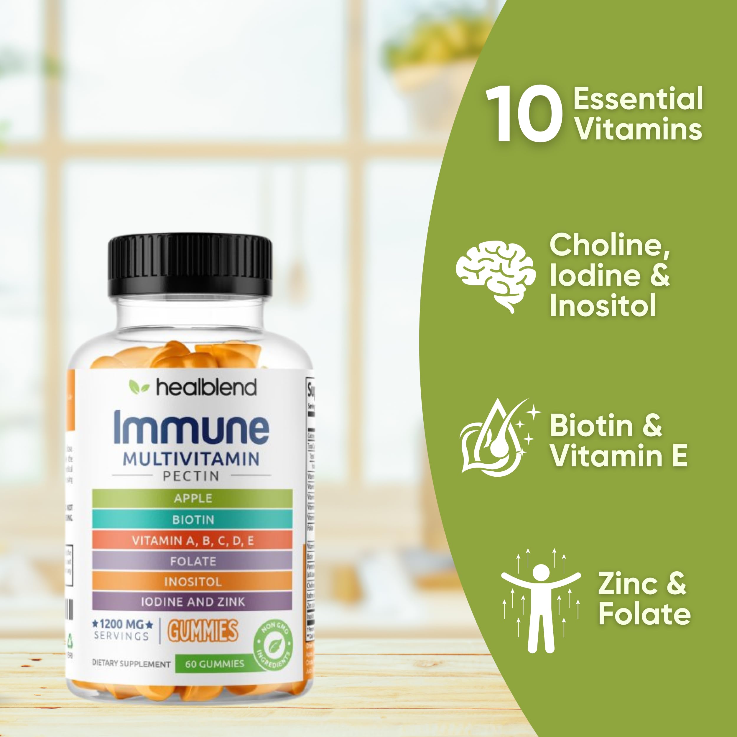 healblend gommes multivitaminées pour adulte, formule complète avec C, D3, B6, B12, fer et zinc.
