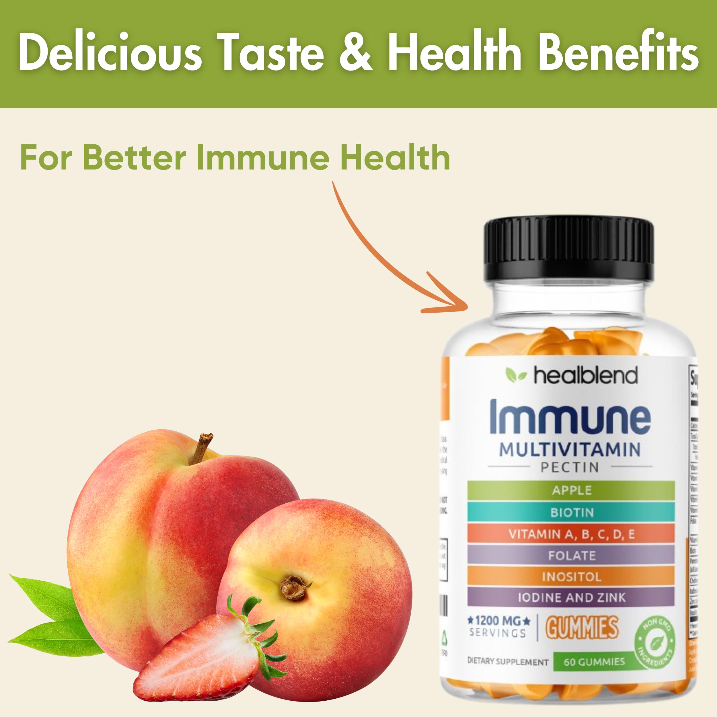 healblend gommes multivitaminées pour adulte, gommes fruitées, goût agréable et prise quotidienne facile.