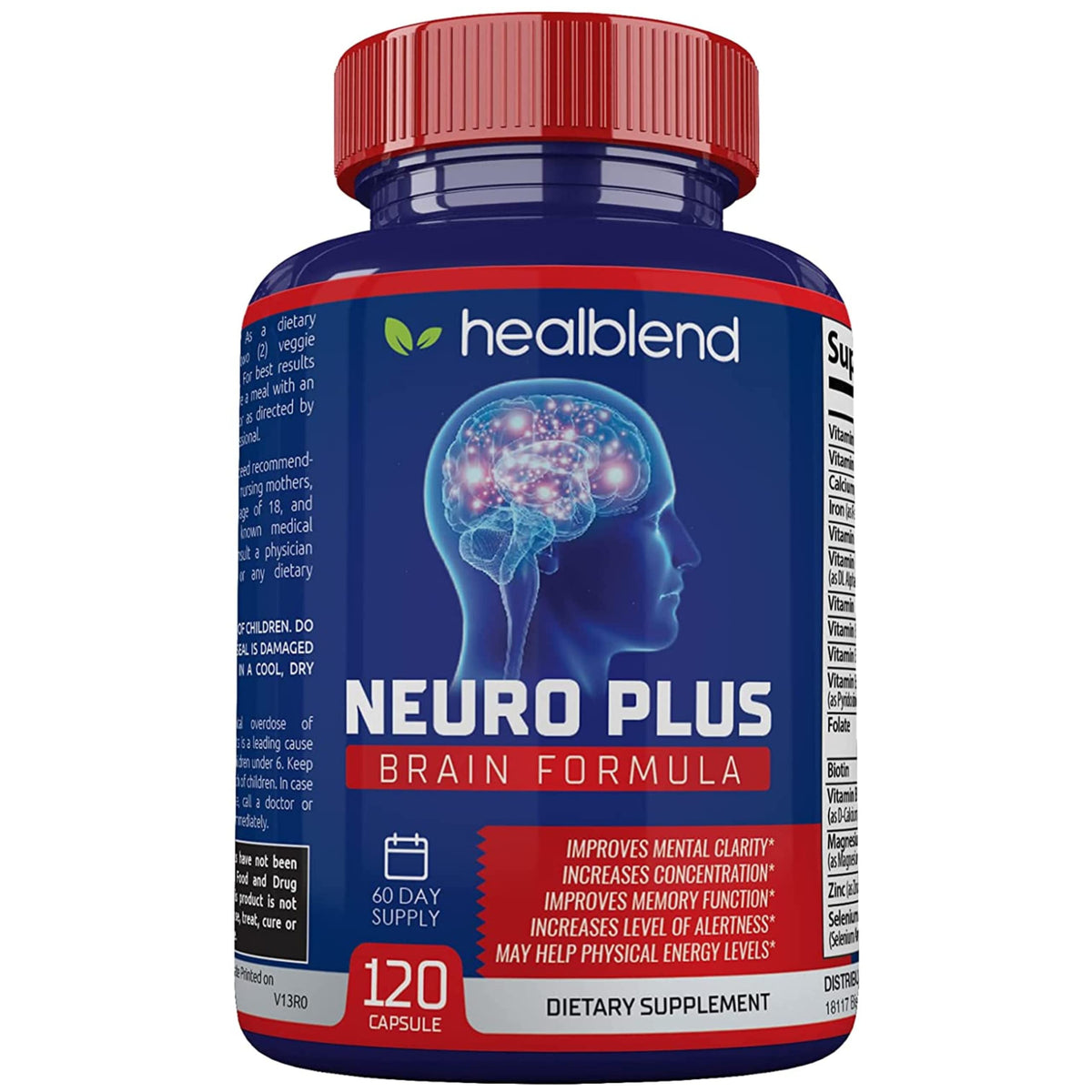 Healblend Neuro Plus : bouteille illustration, symbole de concentration et énergie mentale.