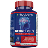 Healblend Neuro Plus : bouteille illustration, symbole de concentration et énergie mentale.