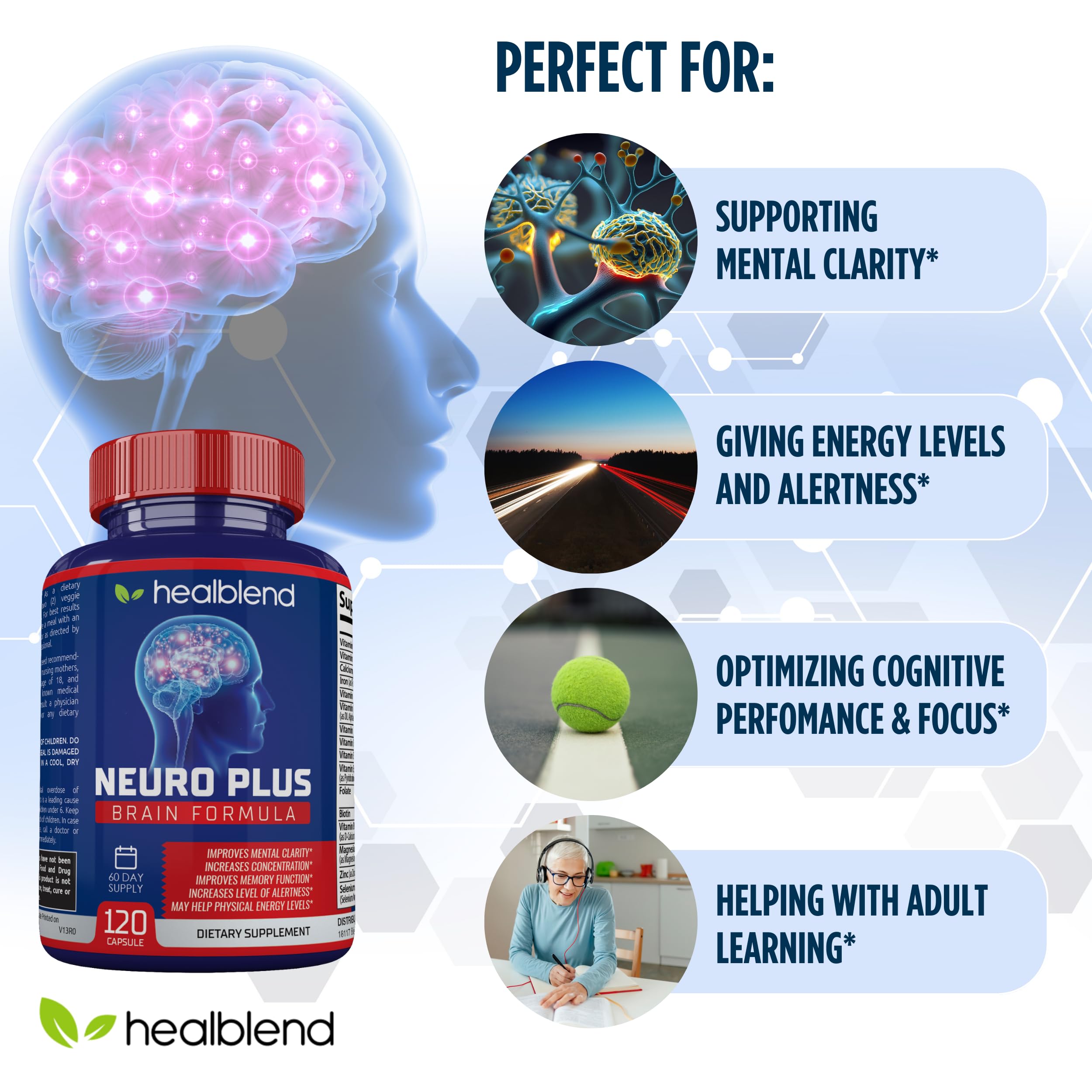 Healblend Neuro Plus : capsules naturelles, prise quotidienne pour la clarté.
