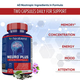 Healblend Neuro Plus : ingrédients-naturels visibles, démontrant une composition équilibrée.