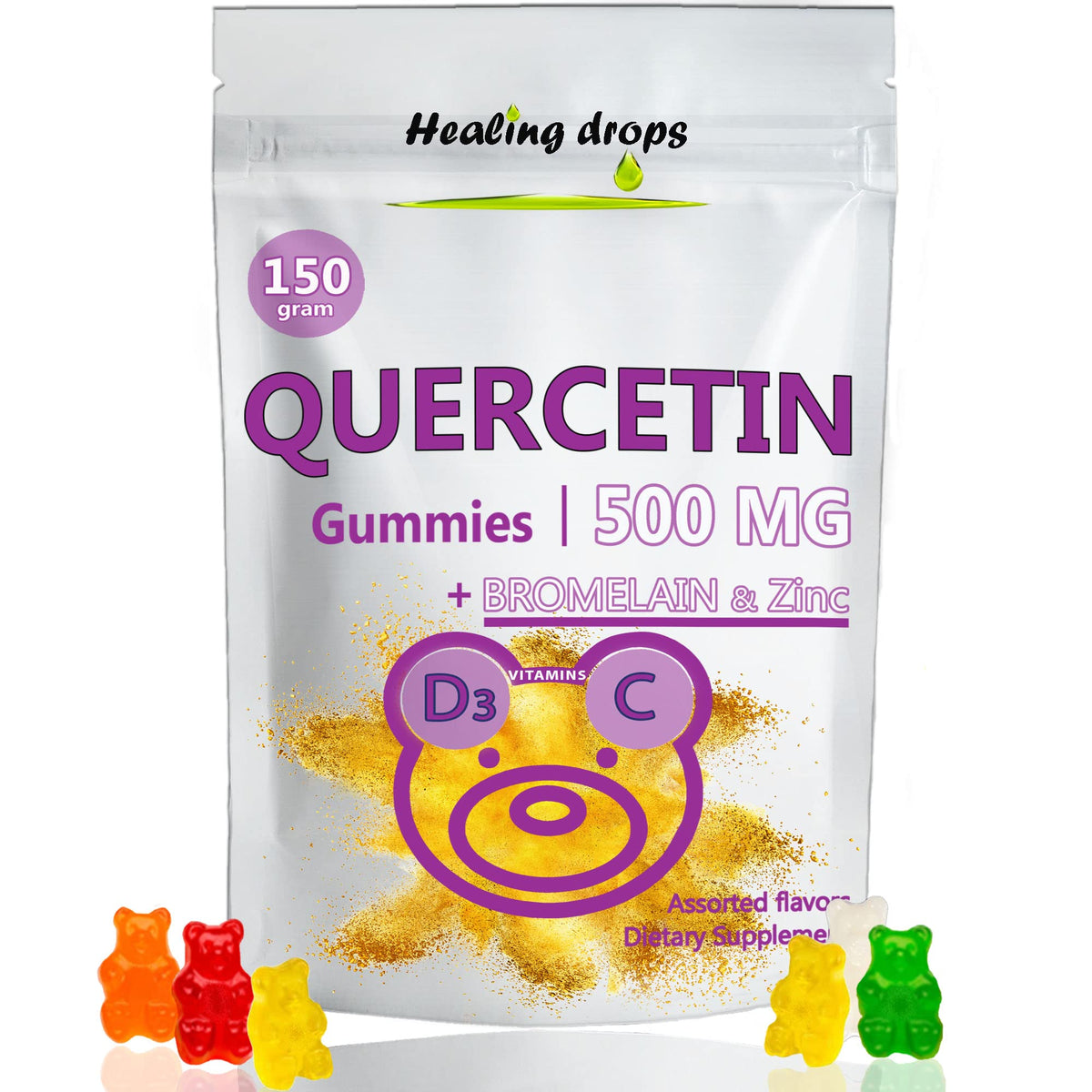 HEALING DROPS Quercétine avec Bromélaïne – flacon, support quotidien potentiel.