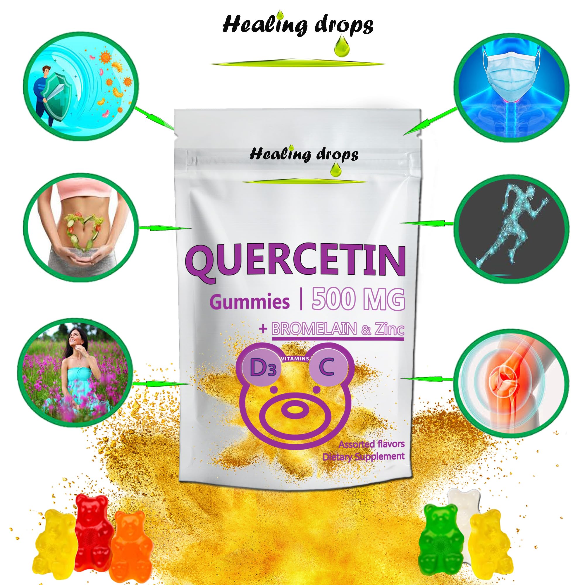 HEALING DROPS Quercétine – gommes rouges faciles à mâcher pour tous les jours.