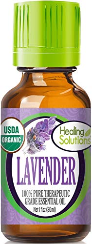 Healing Solutions huile lavande 1 oz, flacon ambré, effet apaisant.