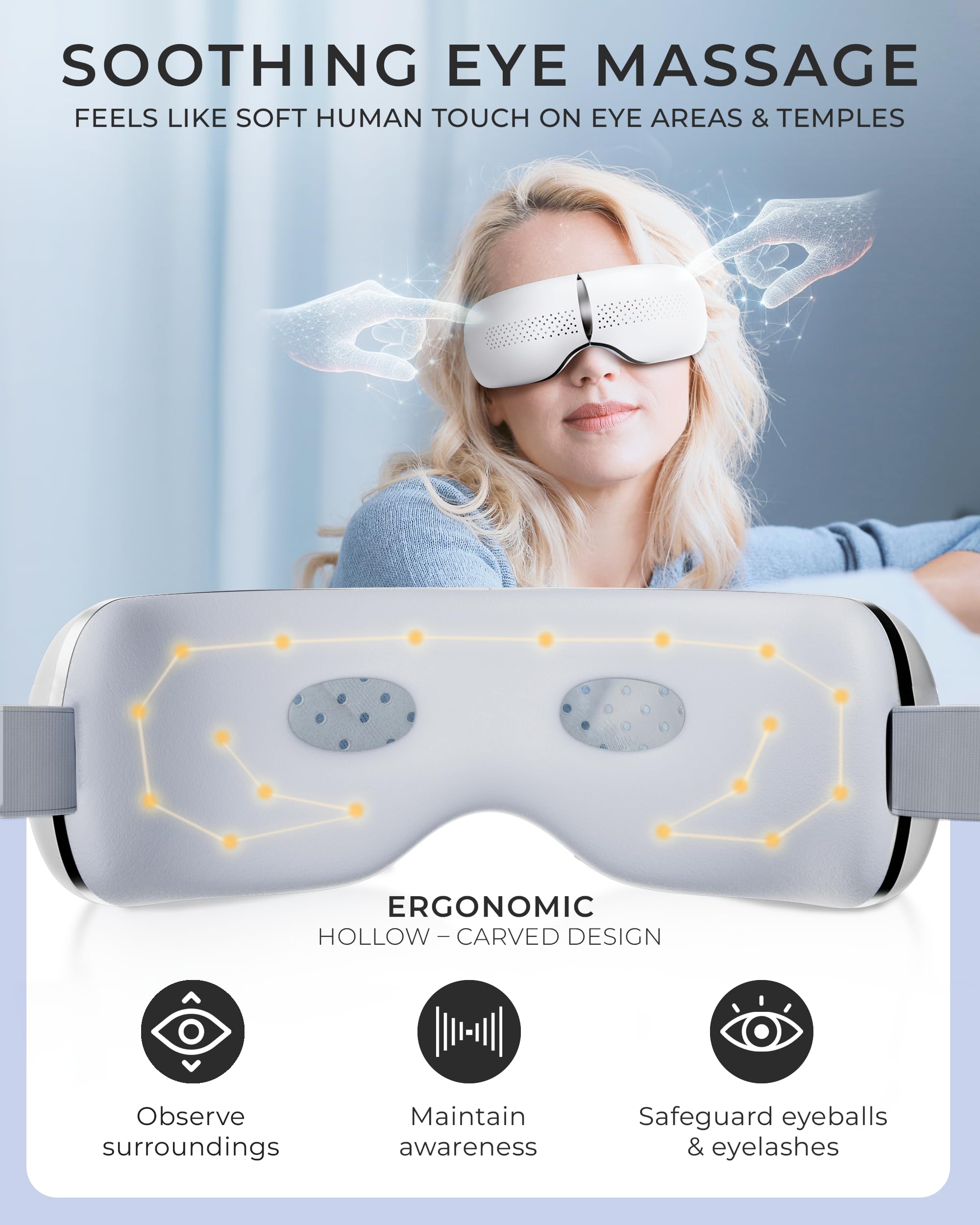 Massage par compression d’air HealTek soulage les tensions autour des yeux.
