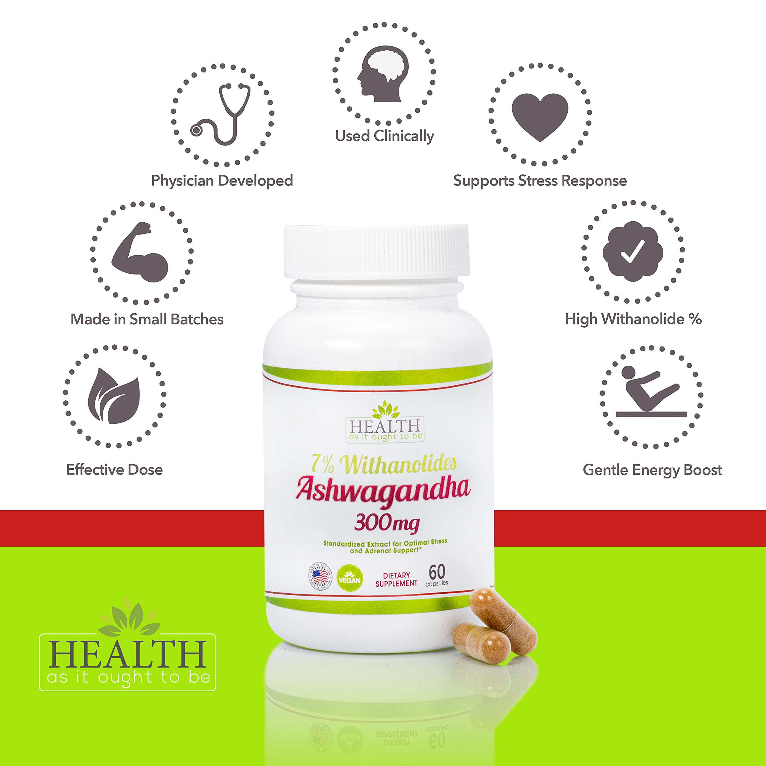 Étiquette et flacon Health As It Ought To Be Ashwagandha, extrait standardisé visible.