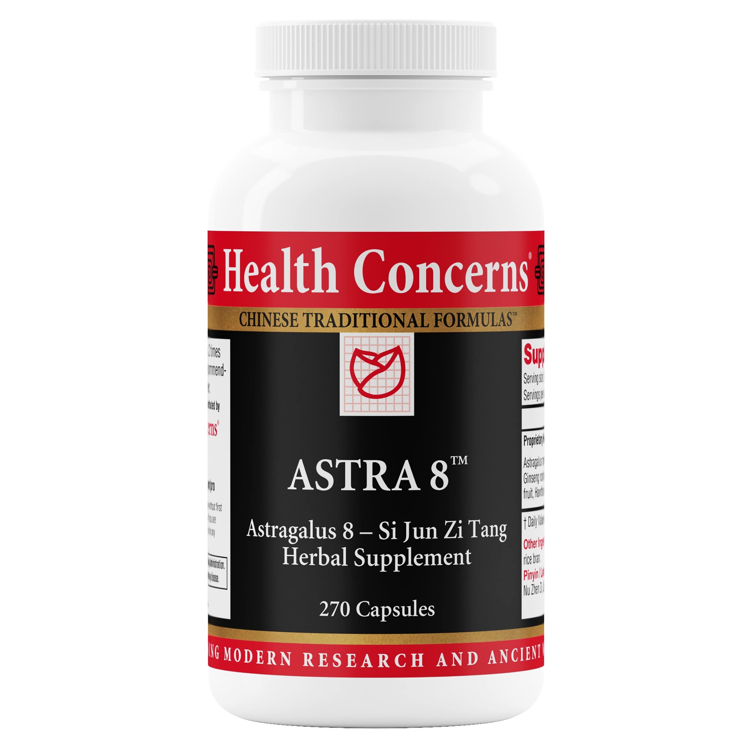 Health Concerns Astra 8: bouteille avec étiquette montrant le soutien immunitaire potentiel.
