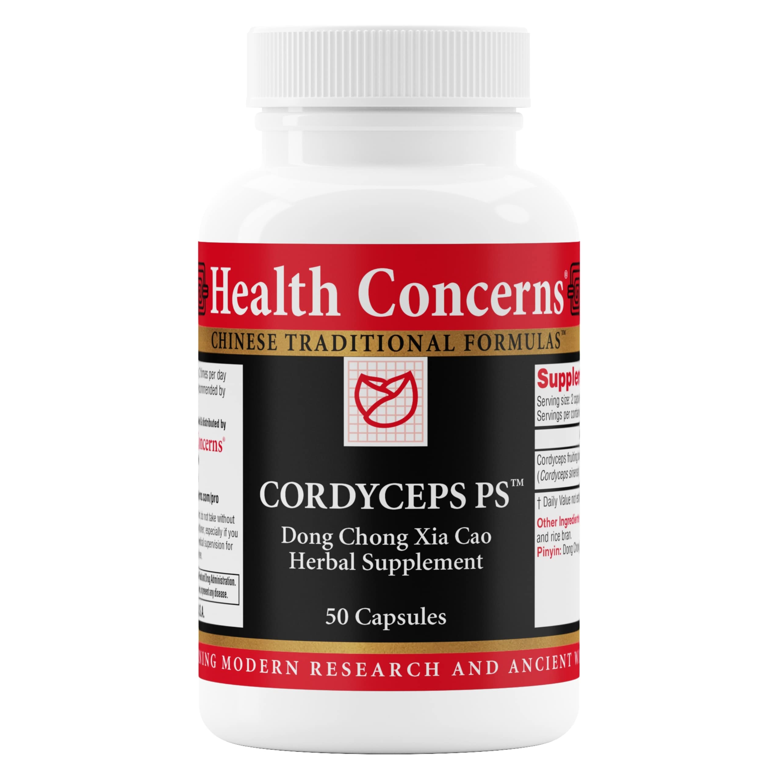 Health Concerns Cordyceps PS – Bouteille montrant le flacon pour le soutien pulmonaire.