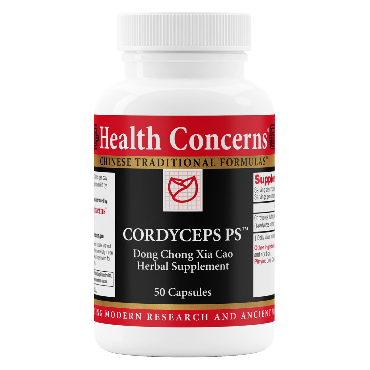 Health Concerns Cordyceps PS – Bouteille montrant le flacon pour le soutien pulmonaire.