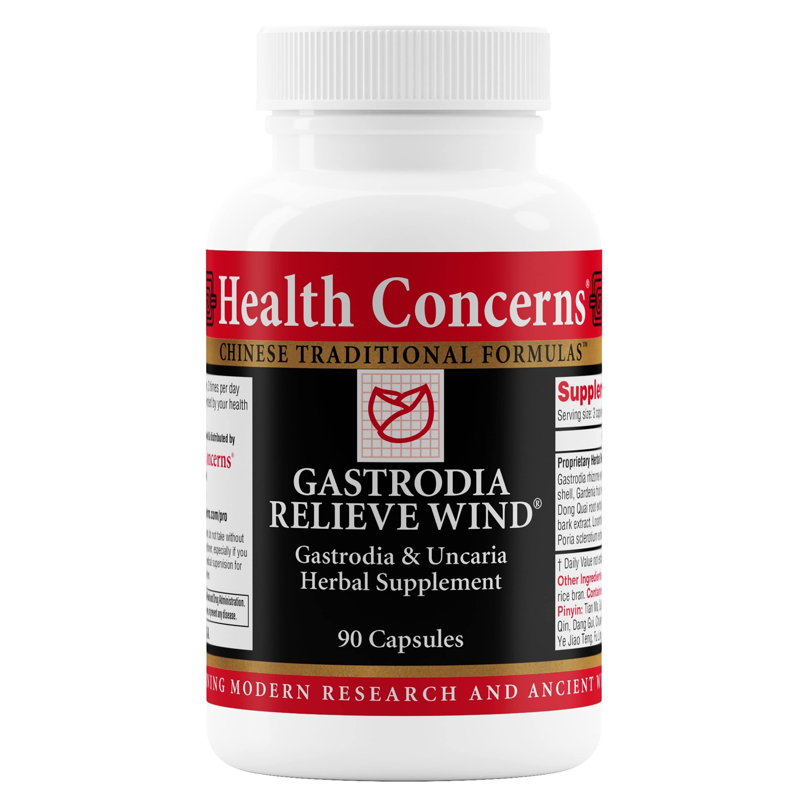 Bouteille Health Concerns Gastrodia Relieve Wind montrant le flacon et le design, soutien potentiel du foie et de la circulation.
