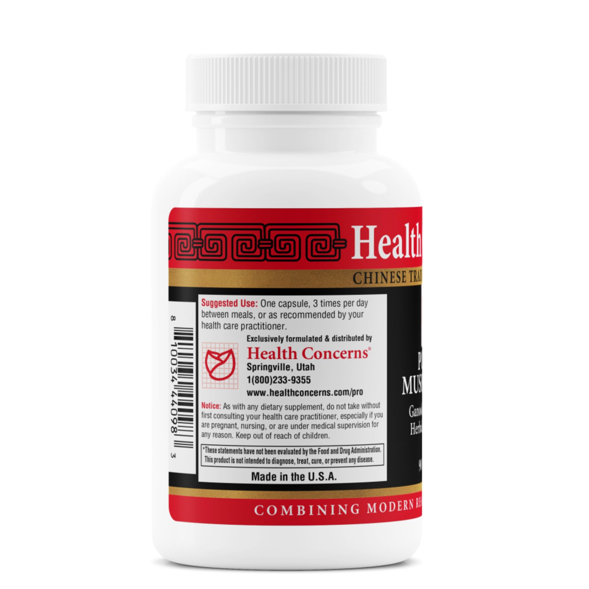 Health Concerns Power Mushrooms: emballage évoquant la médecine chinoise pour le bien-être.