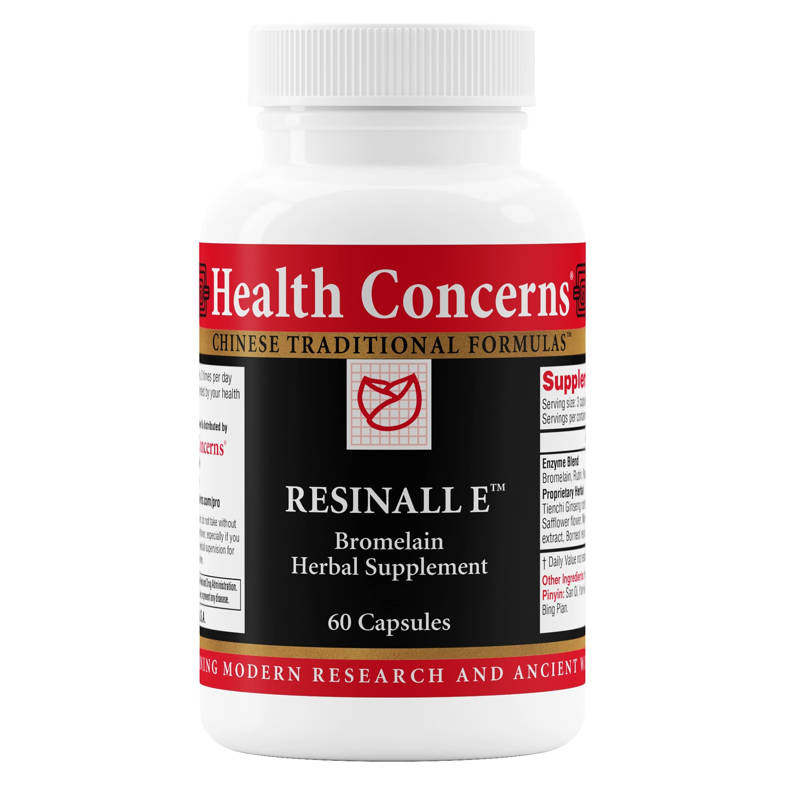 Health Concerns Resinall E – bouteille et gélules montrées, soutien naturel après blessure.