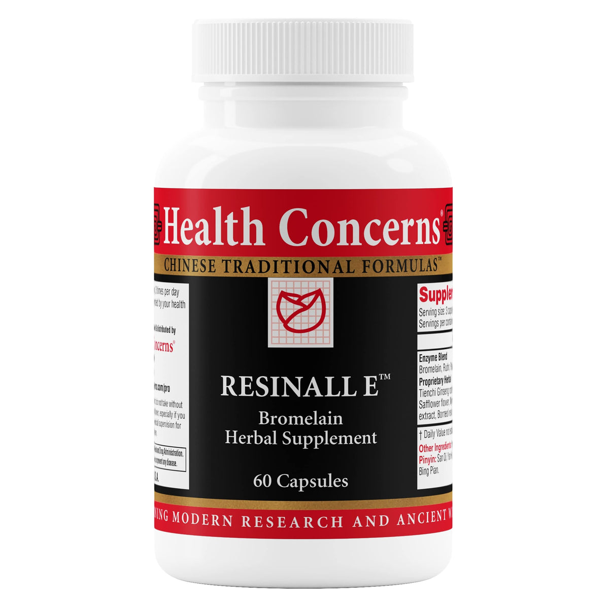 Health Concerns Resinall E – bouteille et gélules montrées, soutien naturel après blessure.