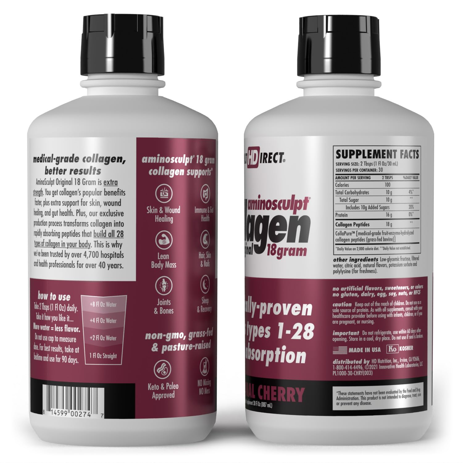 Collagène liquide AminoSculpt saveur cerise originale, goût agréable et sans édulcorants.