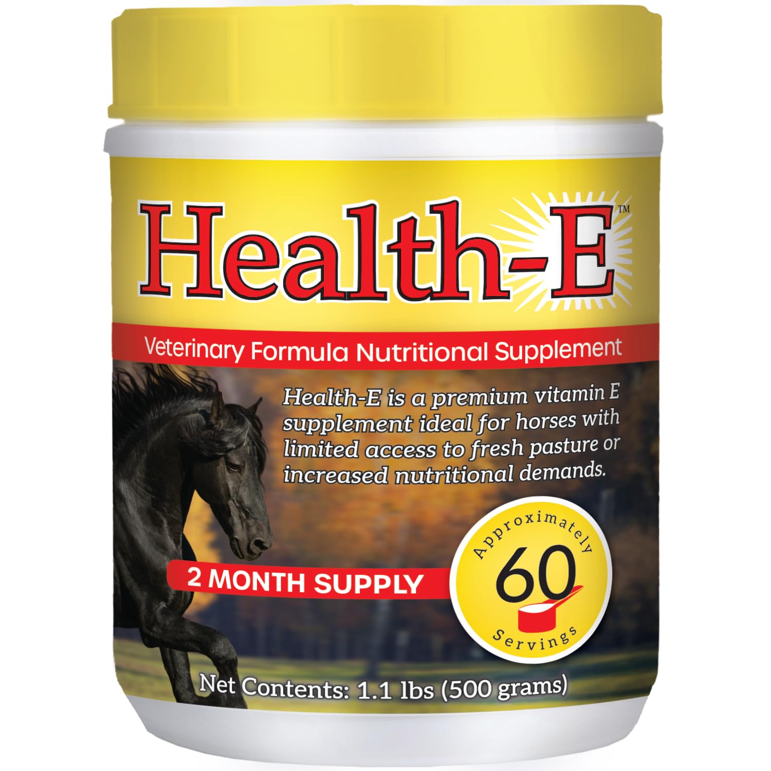 Health-E vitamine E pour chevaux – poudre concentrée soutenant l'énergie et le bien-être.