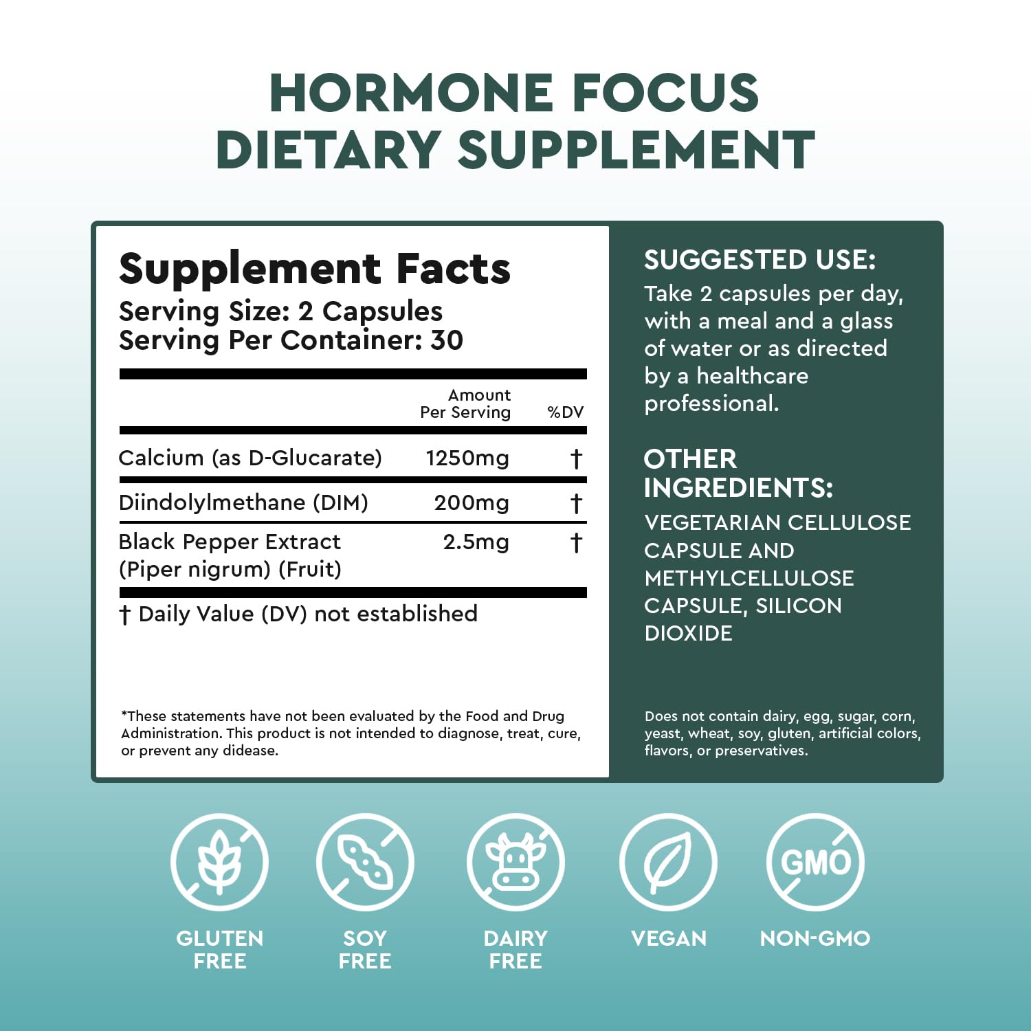 Health Focused Equilibre estrogenes calcium-d-glucarate – Diagramme des composants favorisant le metabolisme hormonal.