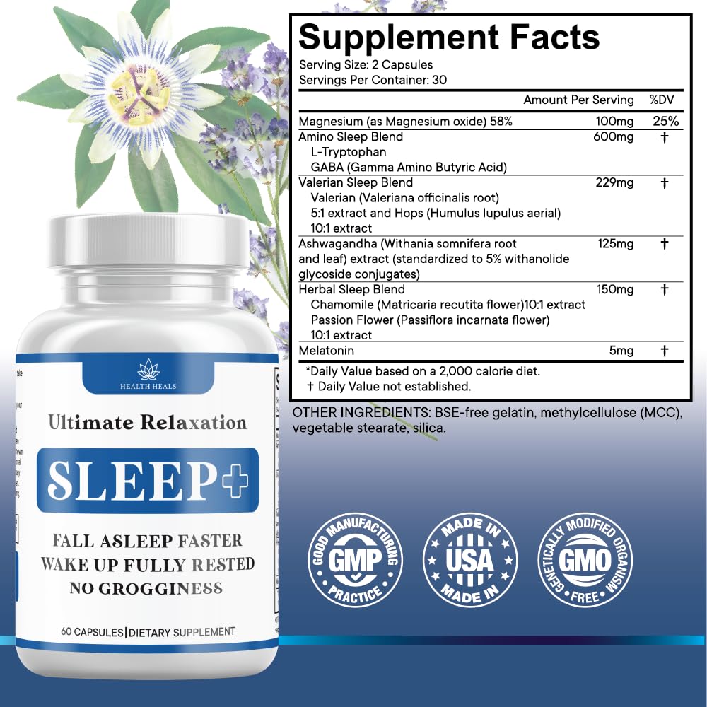 Health Heals Relaxation Sleep Aid, emballage, présentation claire des actifs.