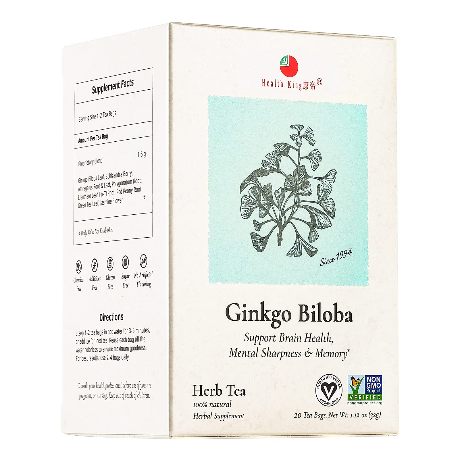 Health King Ginkgo Tea, boîte 20 sachets, pratique pour une pause infusion