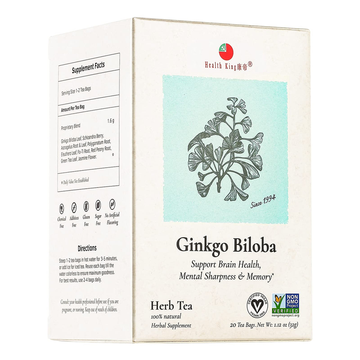 Health King Ginkgo Tea, boîte 20 sachets, pratique pour une pause infusion
