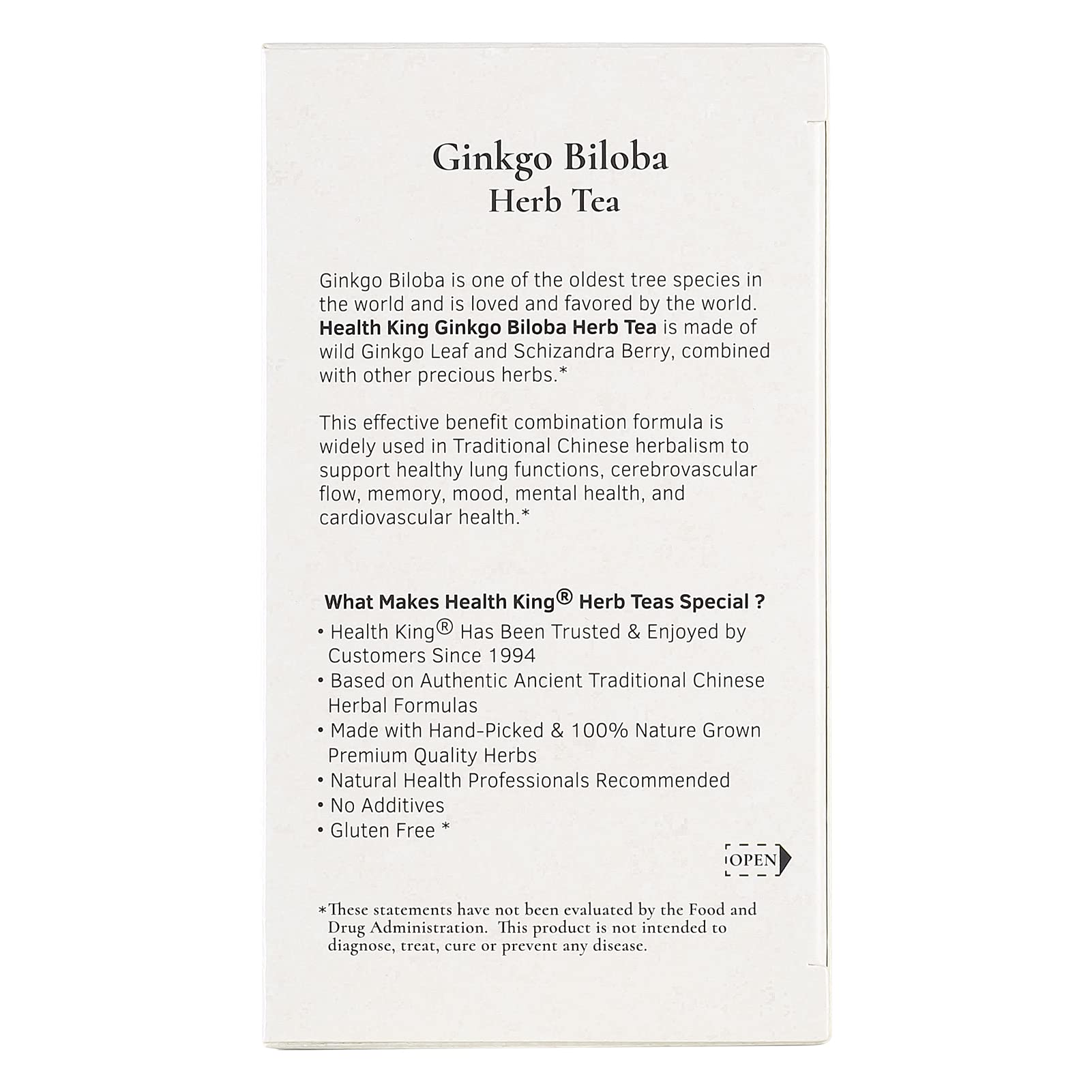 Health King Ginkgo Tea, feuilles visibles lors de l'infusion, arôme herbacé