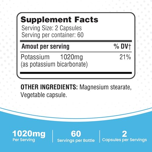 HEALTH LFE Potassium Bicarbonate — étiquette nutrition claire pour référence rapide.
