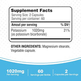 HEALTH LFE Potassium Bicarbonate — étiquette nutrition claire pour référence rapide.