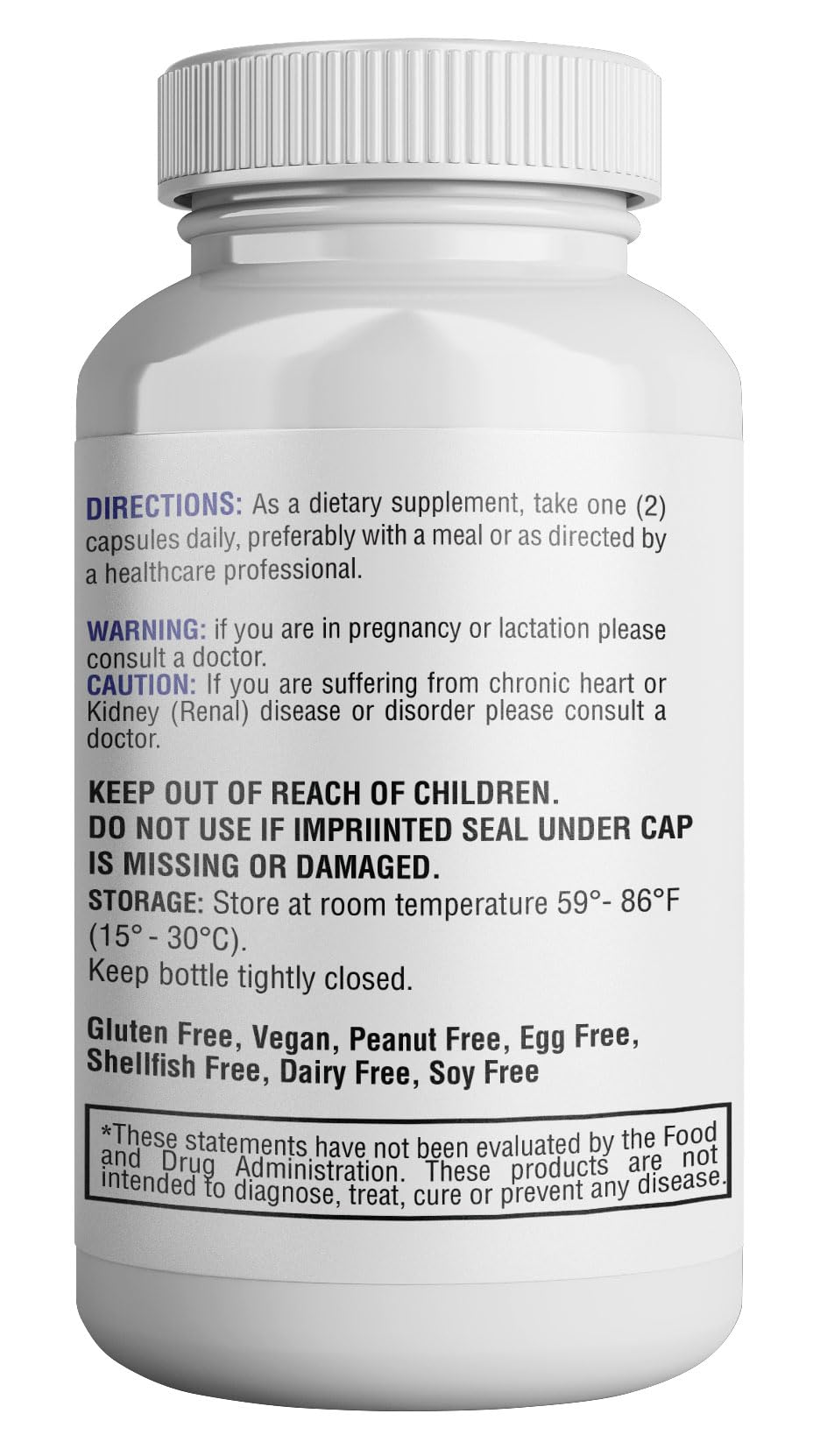 HEALTH LFE Potassium Bicarbonate — étiquette indiquant l’origine non-OGM et l’absence de gluten.