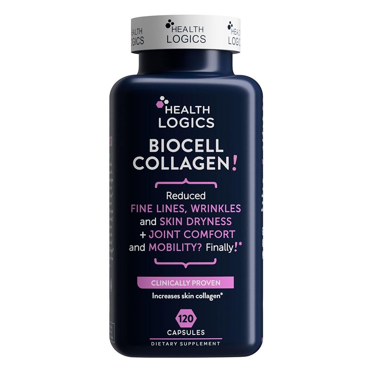 Bouteille Health Logics BioCell Collagen, soutien potentiel pour peau et articulations.