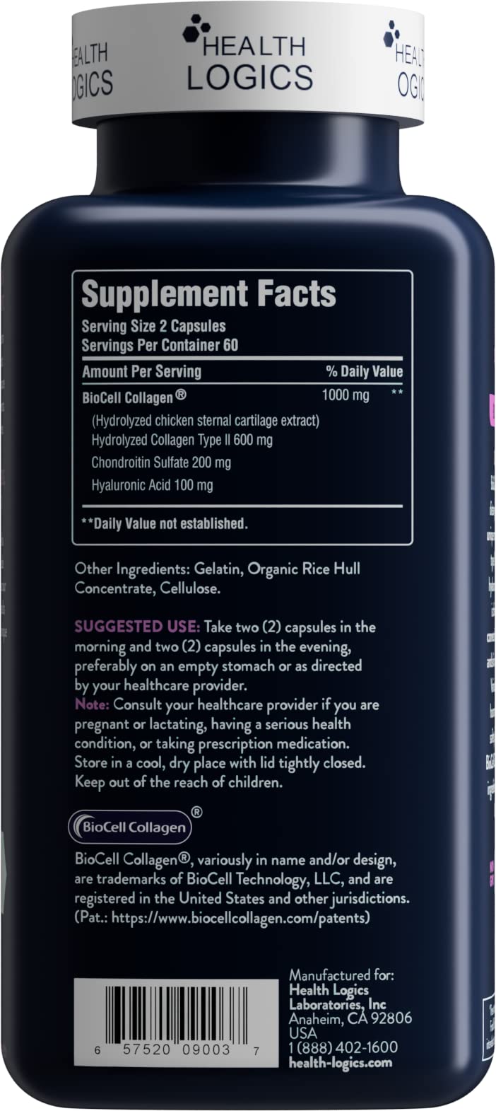 Forme matrice hydrolysee Health Logics BioCell Collagen, soutien ciblé du cartilage et de la peau.