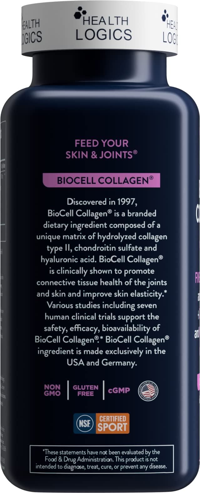 Gélules Health Logics BioCell Collagen, mobilité et éclat de la peau potentiellement améliorés.