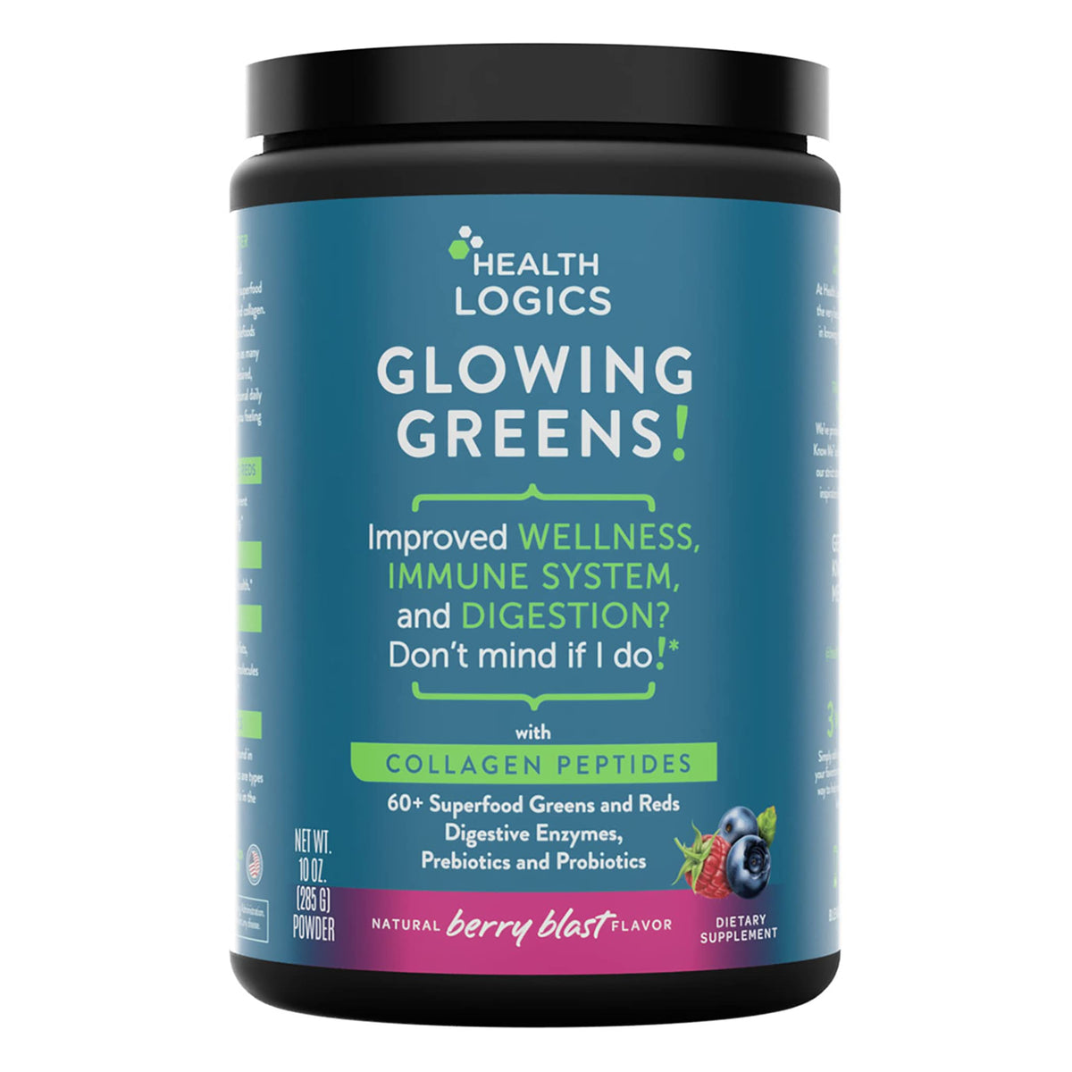 Health Logics Glowing Greens – bouteille verser pour une utilisation quotidienne facile.