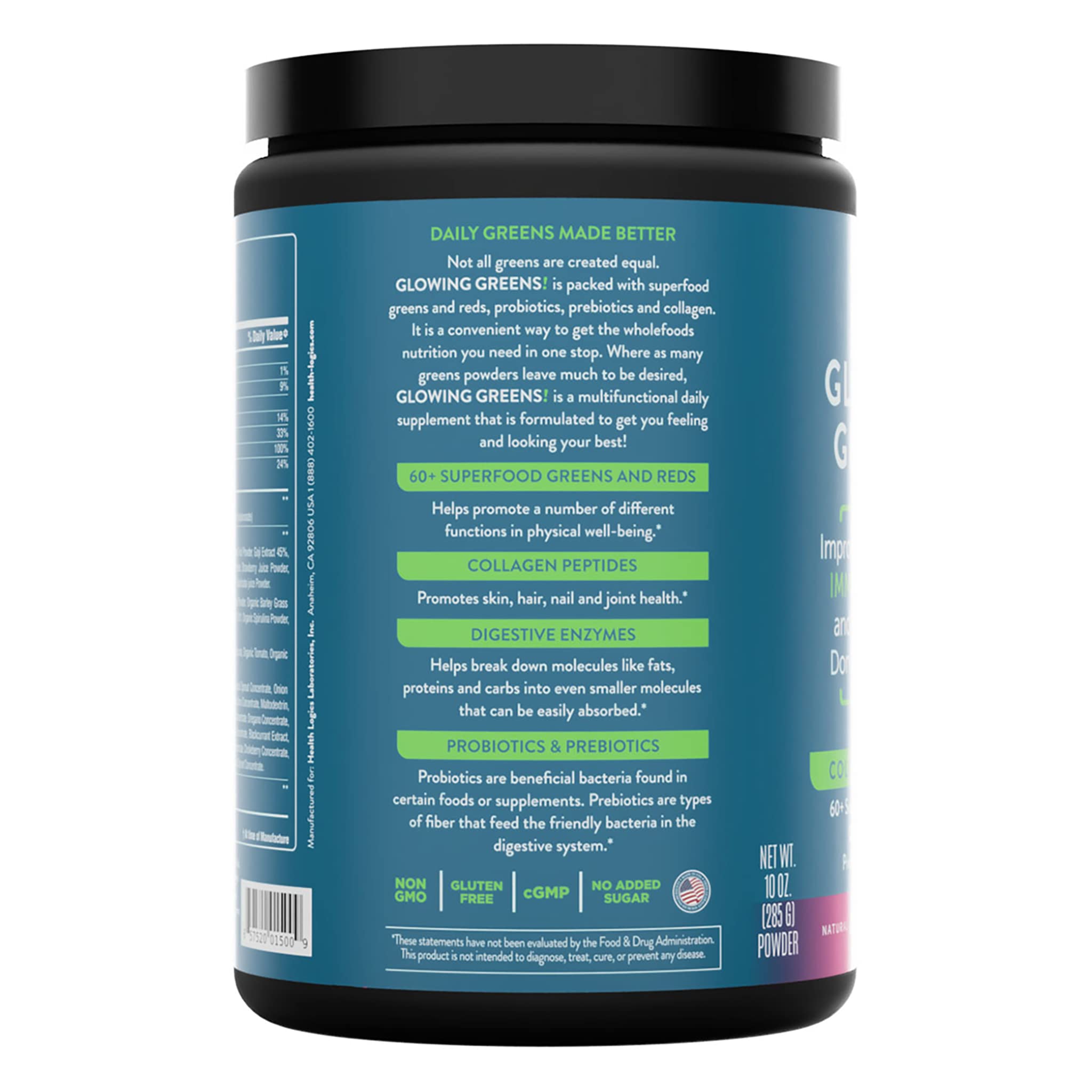 Health Logics Glowing Greens – cuillère-mesure, dosage simple pour routine saine.