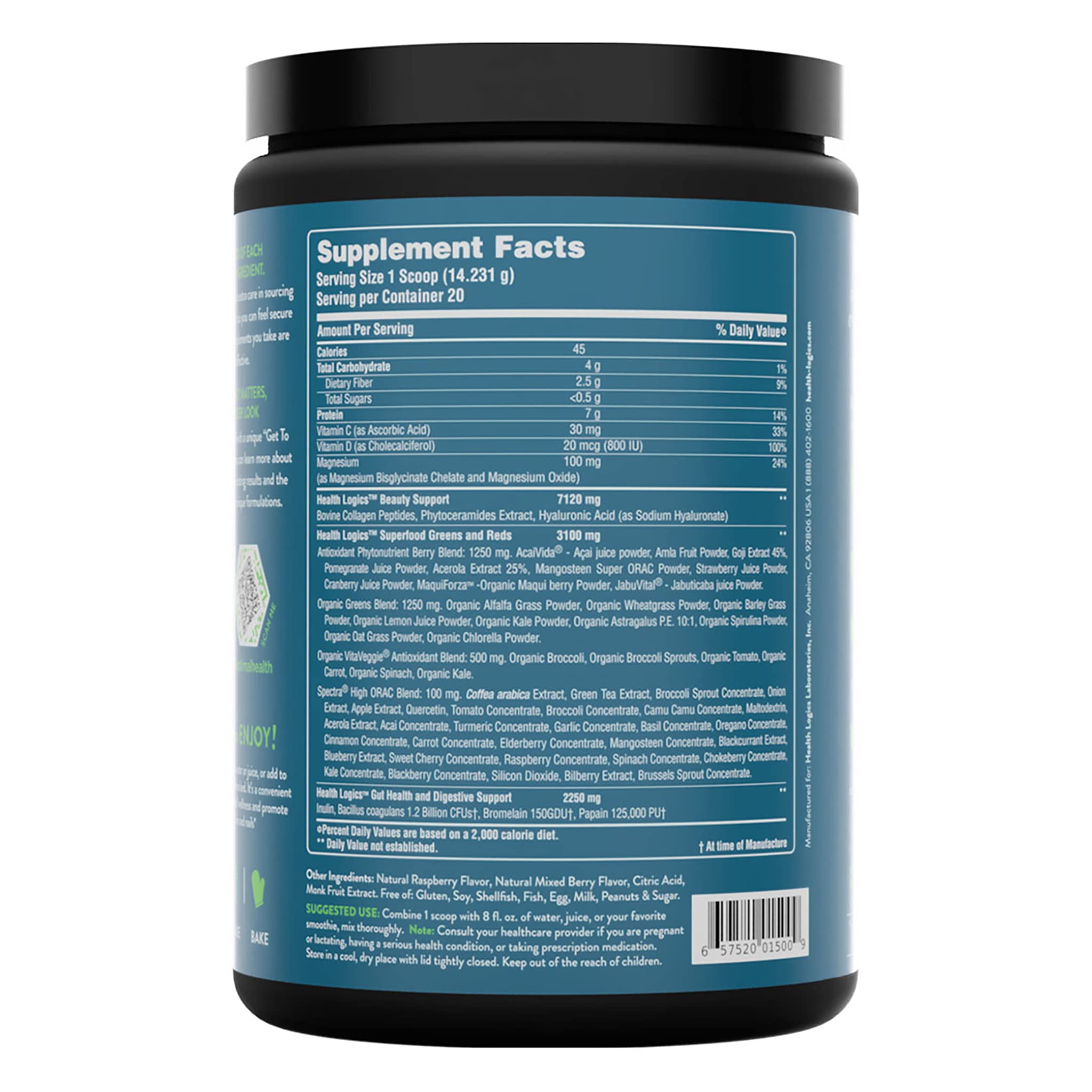 Health Logics Glowing Greens – emballage clair, sans sucre ajouté.