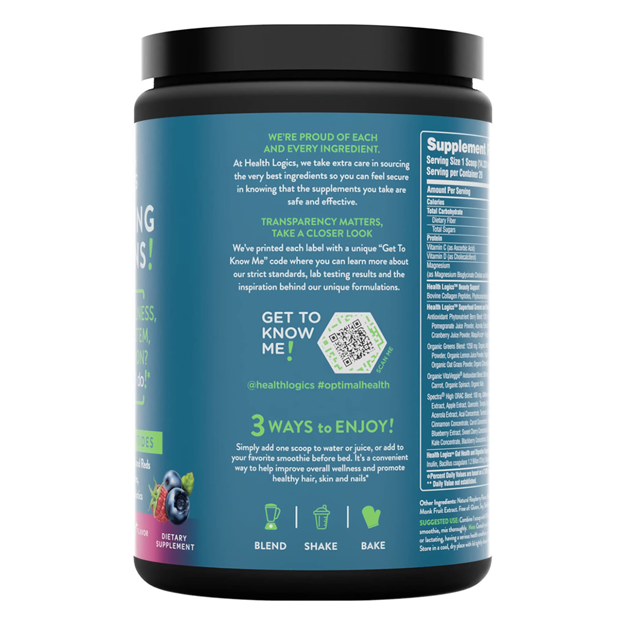 Health Logics Glowing Greens – poudre verte, texture fine pour boissons nourrissantes.