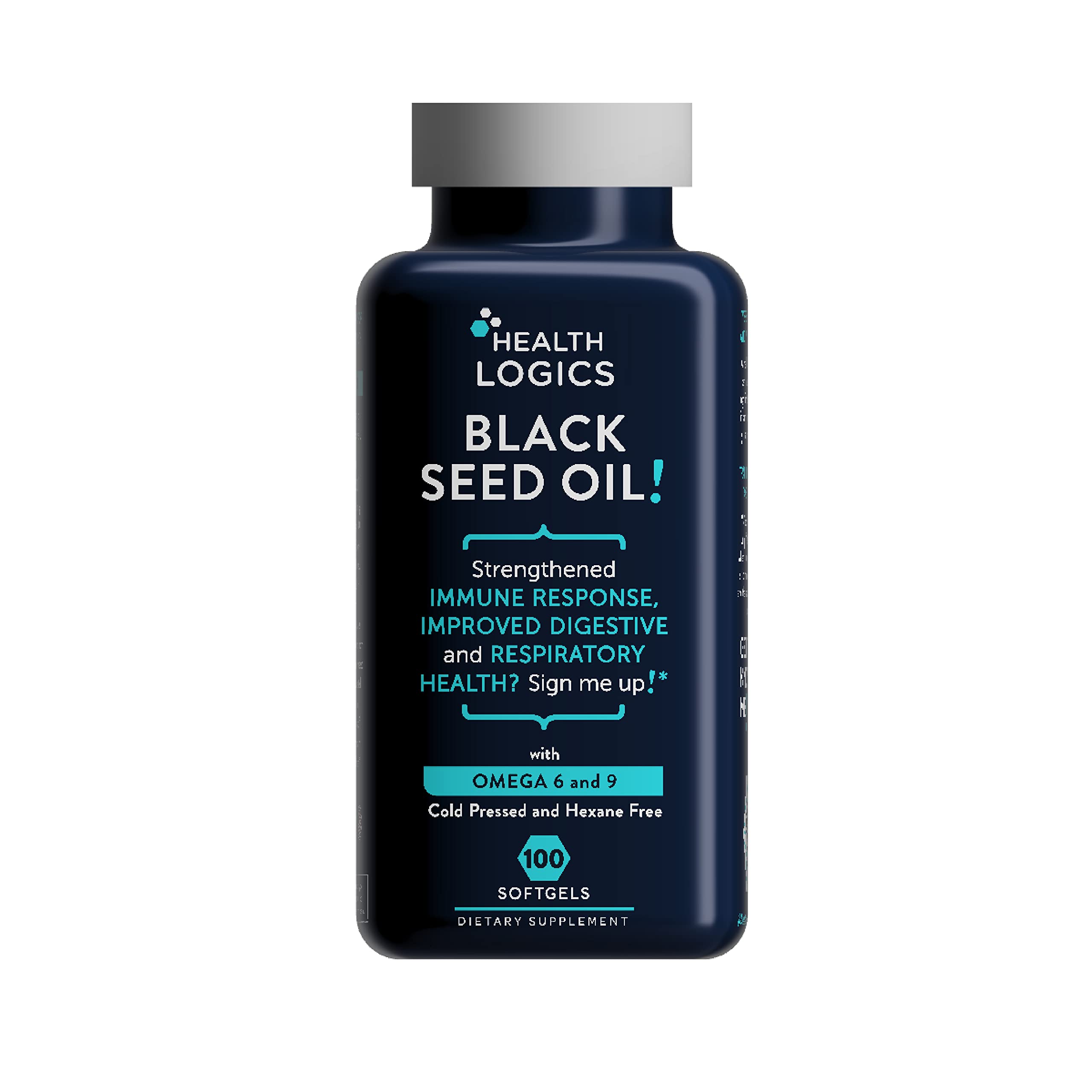 Health Logics huile noire, bouteille pression froide, riche en oméga et antioxydants.